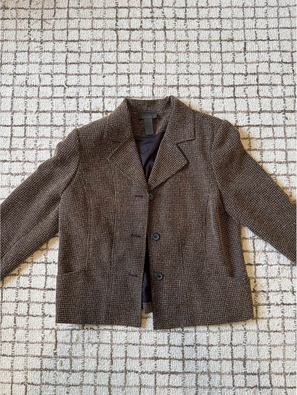 Vintage Womens Brown Tweed Style Houndstooth Blazer Dark Academia Minimalist 10p